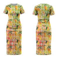 Aloha Hawaii Palaka Print Mango Plumeria Couples Matching Short Sleeve Bodycon Dress and Hawaiian Shirt Tropical Vibes