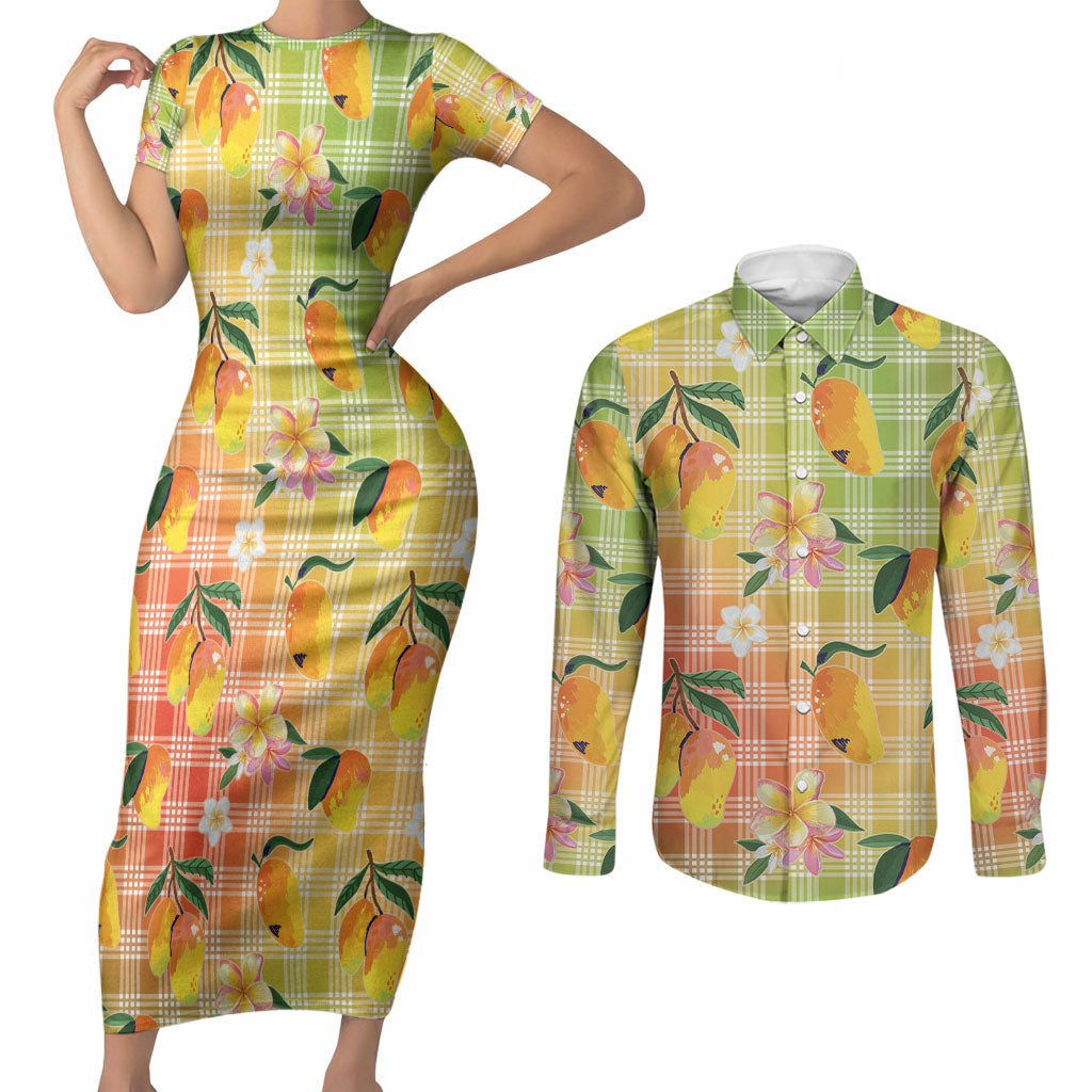 Aloha Hawaii Palaka Print Mango Plumeria Couples Matching Short Sleeve Bodycon Dress and Long Sleeve Button Shirt Tropical Vibes