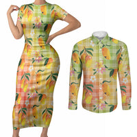 Aloha Hawaii Palaka Print Mango Plumeria Couples Matching Short Sleeve Bodycon Dress and Long Sleeve Button Shirt Tropical Vibes