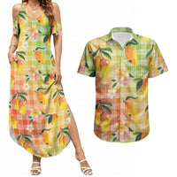 Aloha Hawaii Palaka Print Mango Plumeria Couples Matching Summer Maxi Dress and Hawaiian Shirt Tropical Vibes