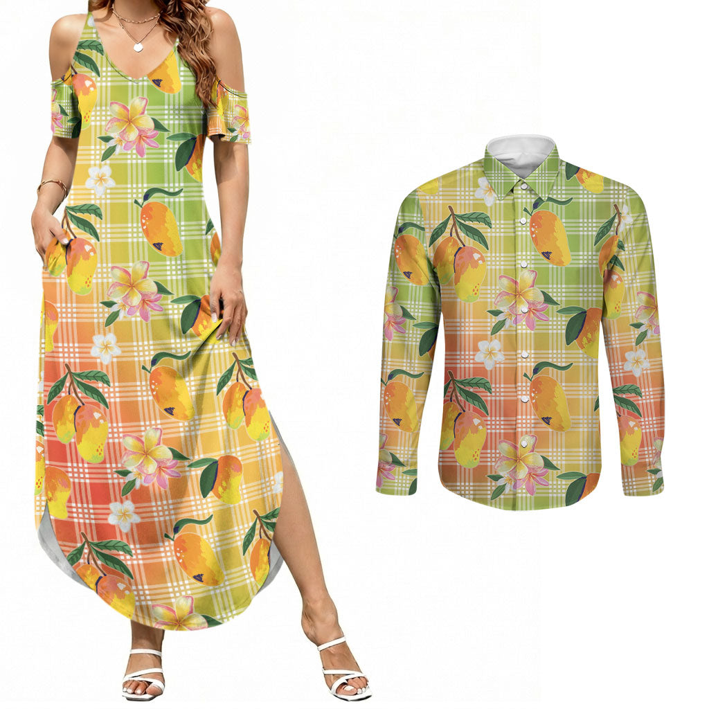 Aloha Hawaii Palaka Print Mango Plumeria Couples Matching Summer Maxi Dress and Long Sleeve Button Shirt Tropical Vibes