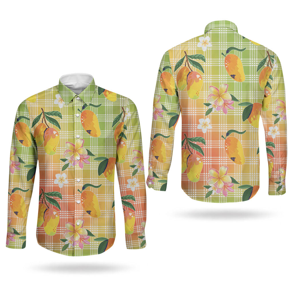 Aloha Hawaii Palaka Print Mango Plumeria Couples Matching Tank Maxi Dress and Long Sleeve Button Shirt Tropical Vibes