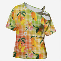 Aloha Hawaii Palaka Print Mango Plumeria Cross Shoulder Shirt Tropical Vibes