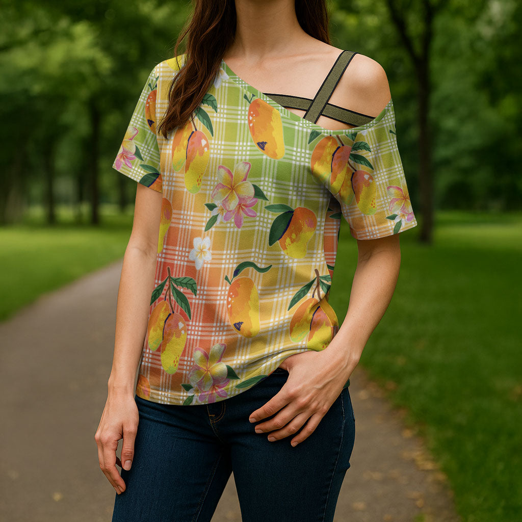 Aloha Hawaii Palaka Print Mango Plumeria Cross Shoulder Shirt Tropical Vibes