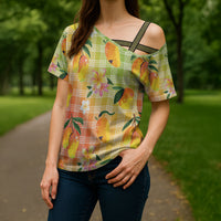 Aloha Hawaii Palaka Print Mango Plumeria Cross Shoulder Shirt Tropical Vibes