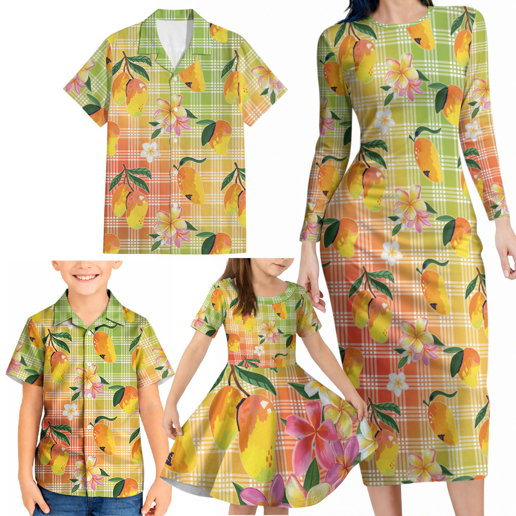 Aloha Hawaii Palaka Print Mango Plumeria Family Matching Long Sleeve Bodycon Dress and Hawaiian Shirt Tropical Vibes