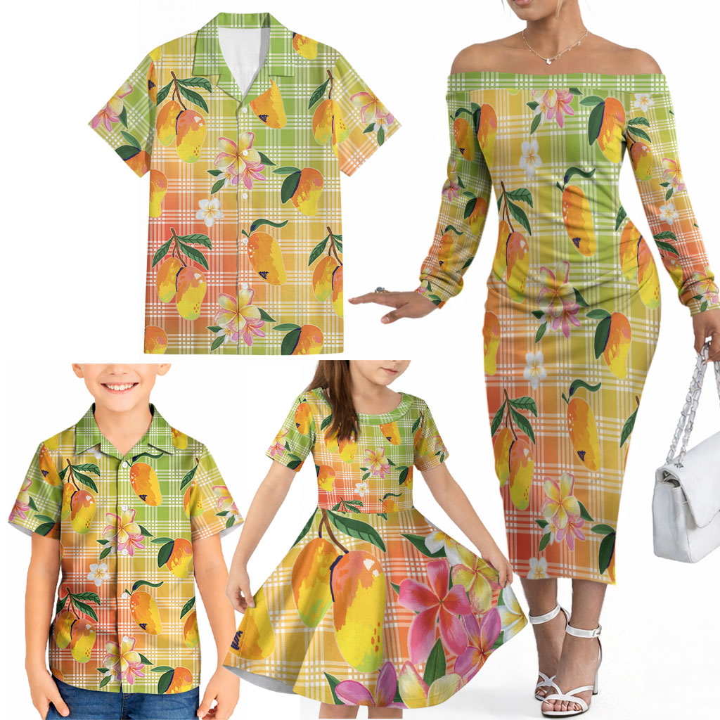 Aloha Hawaii Palaka Print Mango Plumeria Family Matching Off The Shoulder Long Sleeve Dress and Hawaiian Shirt Tropical Vibes