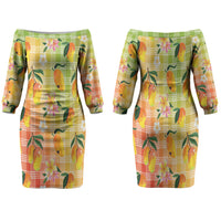 Aloha Hawaii Palaka Print Mango Plumeria Family Matching Off The Shoulder Long Sleeve Dress and Hawaiian Shirt Tropical Vibes
