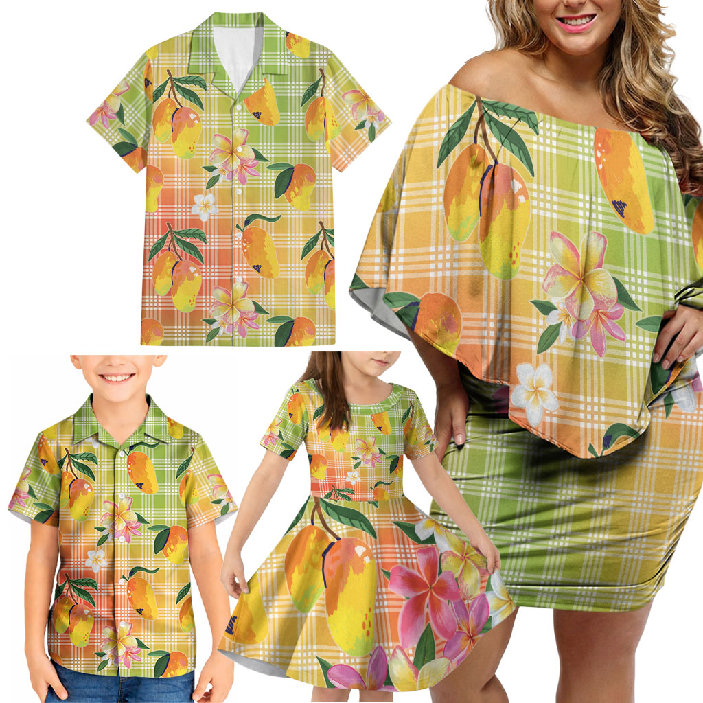 Aloha Hawaii Palaka Print Mango Plumeria Family Matching Off Shoulder Short Dress and Hawaiian Shirt Tropical Vibes