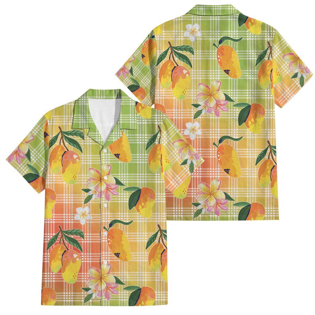 Aloha Hawaii Palaka Print Mango Plumeria Family Matching Off Shoulder Short Dress and Hawaiian Shirt Tropical Vibes