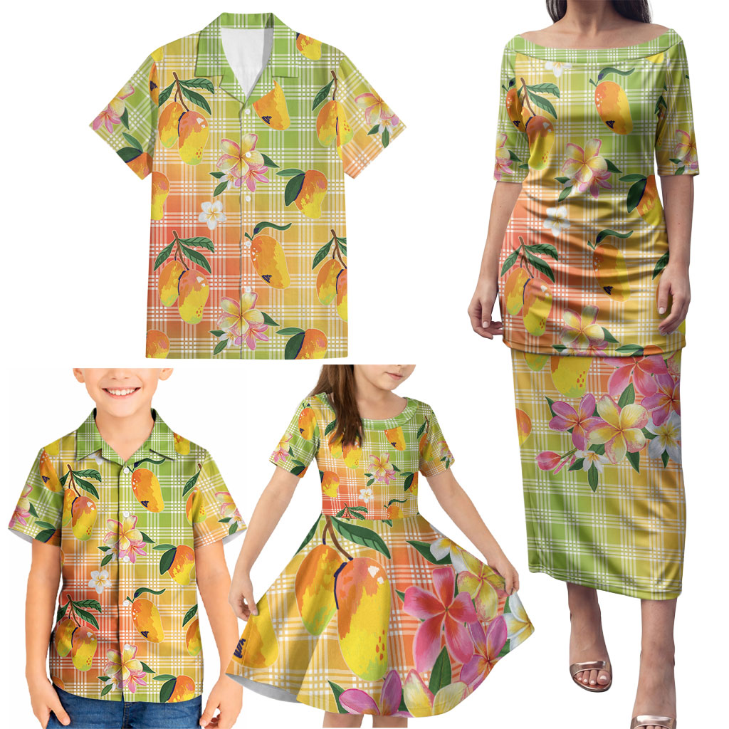 Aloha Hawaii Palaka Print Mango Plumeria Family Matching Puletasi and Hawaiian Shirt Tropical Vibes