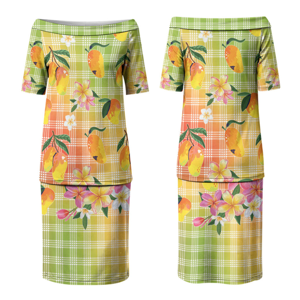 Aloha Hawaii Palaka Print Mango Plumeria Family Matching Puletasi and Hawaiian Shirt Tropical Vibes
