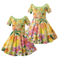 Aloha Hawaii Palaka Print Mango Plumeria Family Matching Puletasi and Hawaiian Shirt Tropical Vibes