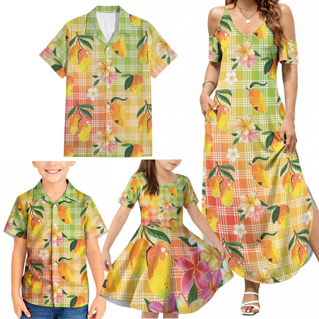 Aloha Hawaii Palaka Print Mango Plumeria Family Matching Summer Maxi Dress and Hawaiian Shirt Tropical Vibes