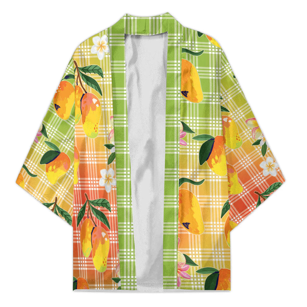Aloha Hawaii Palaka Print Mango Plumeria Kimono Tropical Vibes