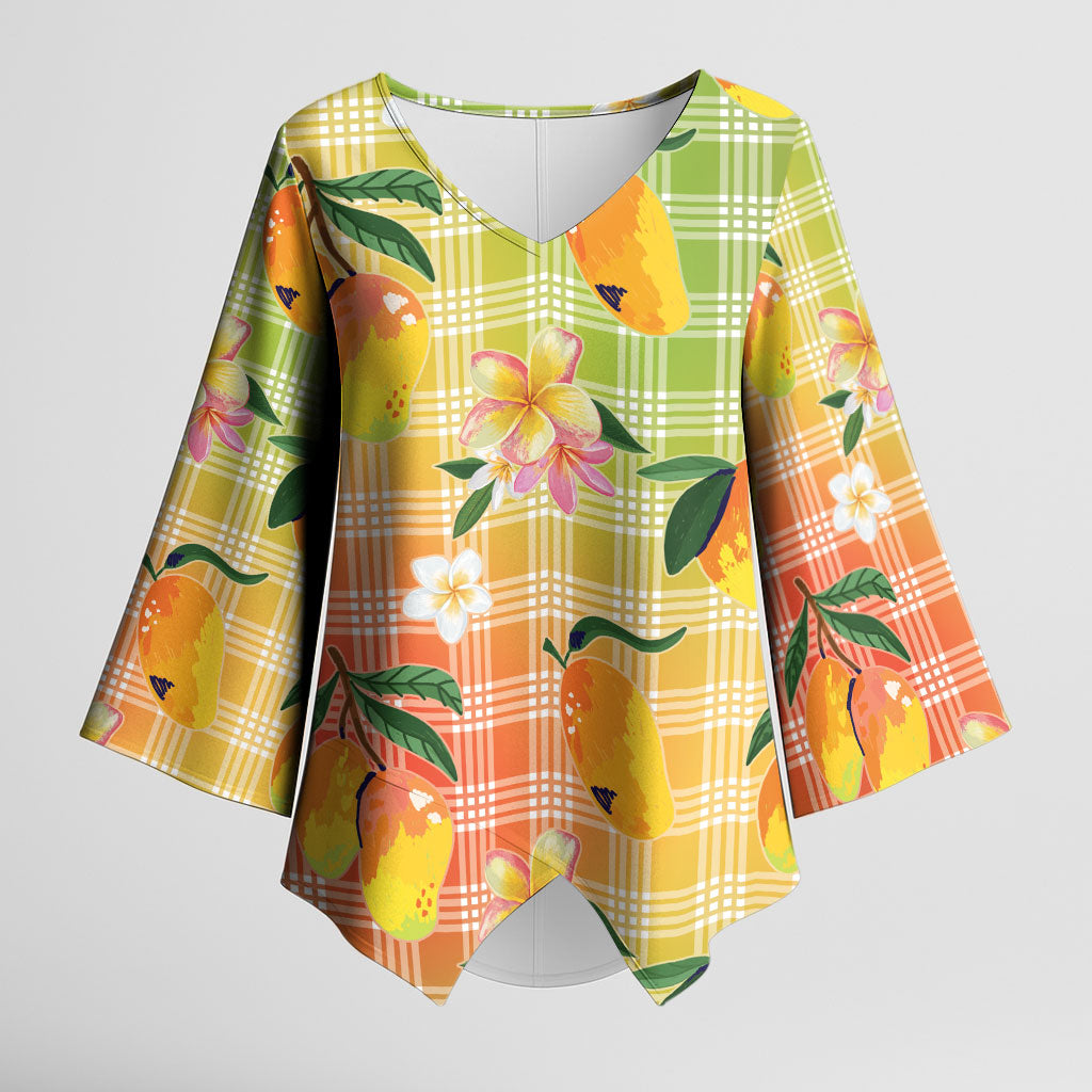Aloha Hawaii Palaka Print Mango Plumeria Kimono Sleeve Blouse Tropical Vibes
