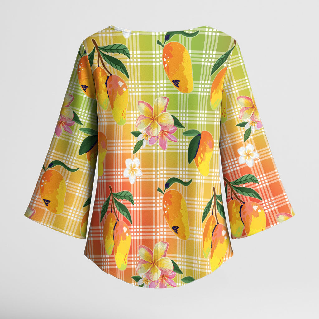 Aloha Hawaii Palaka Print Mango Plumeria Kimono Sleeve Blouse Tropical Vibes