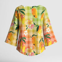Aloha Hawaii Palaka Print Mango Plumeria Kimono Sleeve Blouse Tropical Vibes