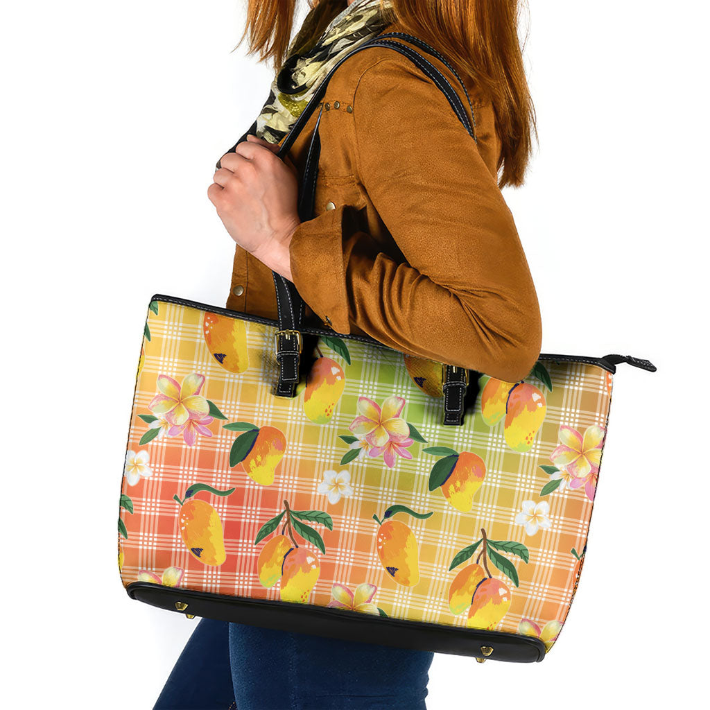 Aloha Hawaii Palaka Print Mango Plumeria Leather Tote Bag Tropical Vibes