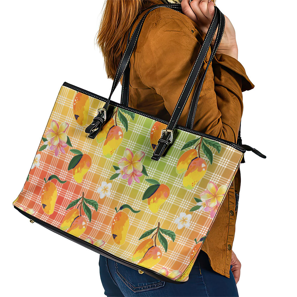 Aloha Hawaii Palaka Print Mango Plumeria Leather Tote Bag Tropical Vibes