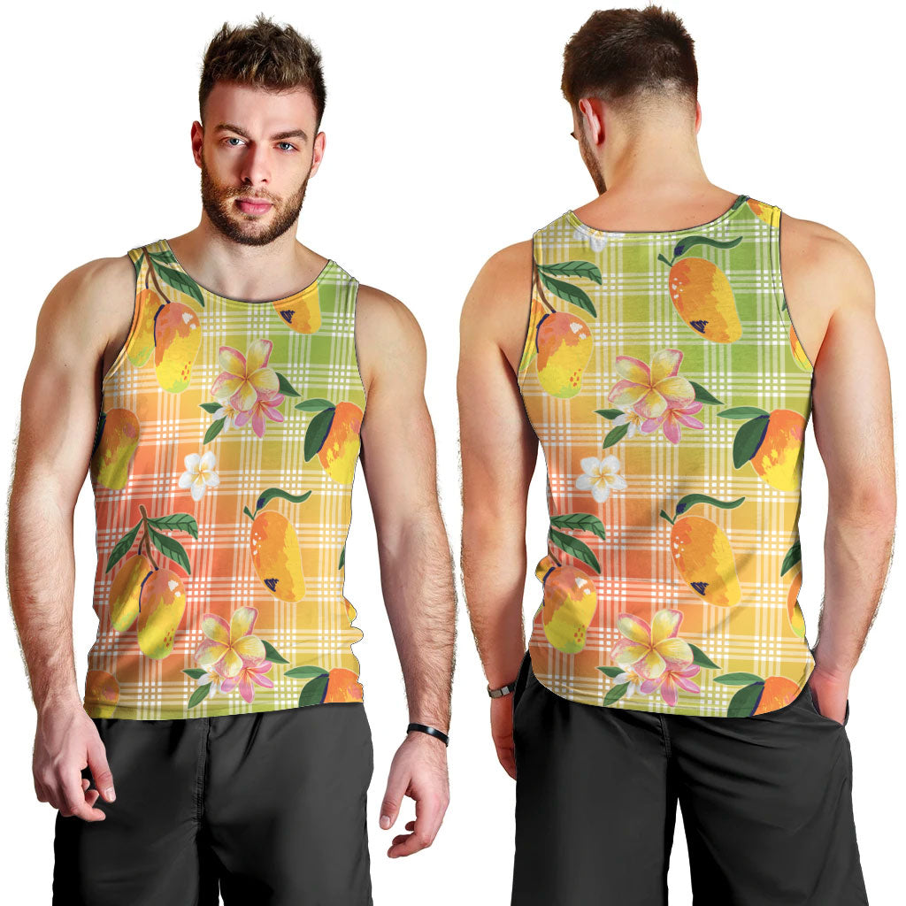 Aloha Hawaii Palaka Print Mango Plumeria Men Tank Top Tropical Vibes