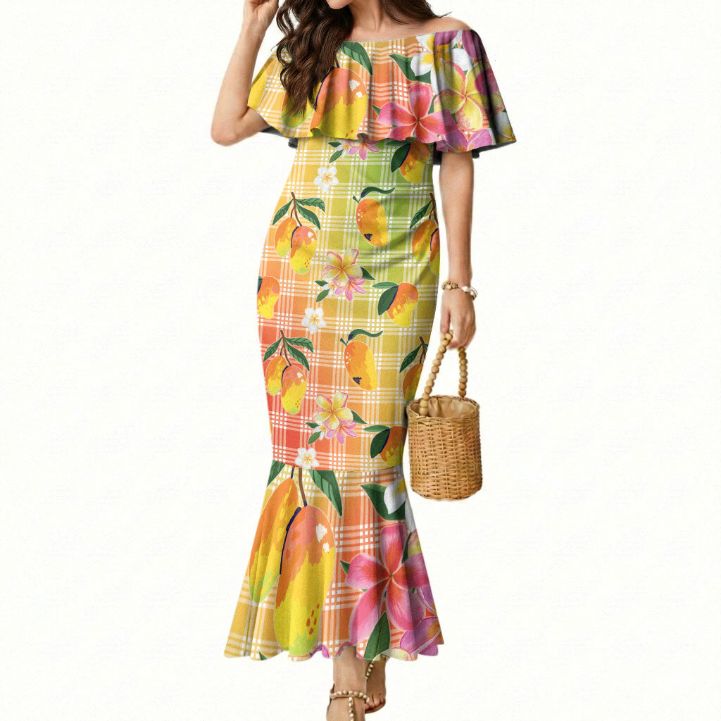 Aloha Hawaii Palaka Print Mango Plumeria Mermaid Dress Tropical Vibes