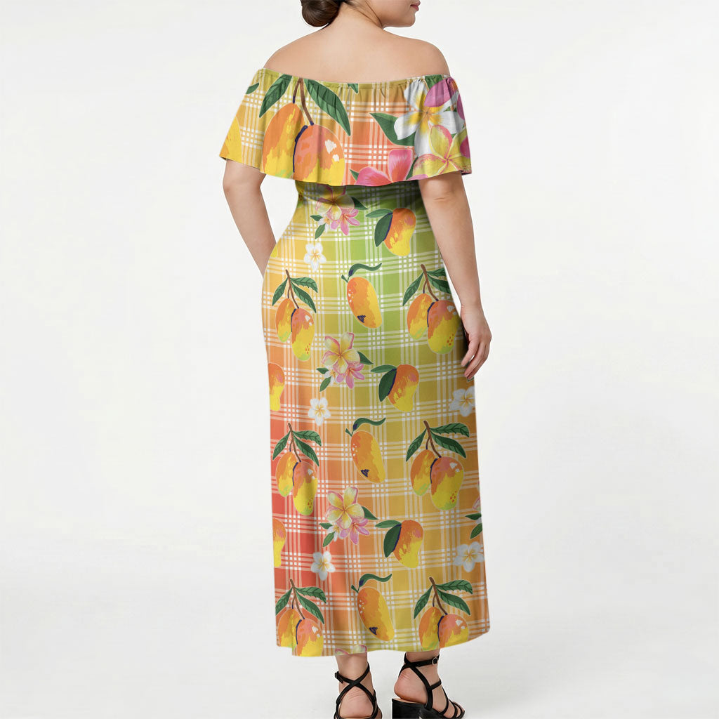 Aloha Hawaii Palaka Print Mango Plumeria Off Shoulder Maxi Dress Tropical Vibes