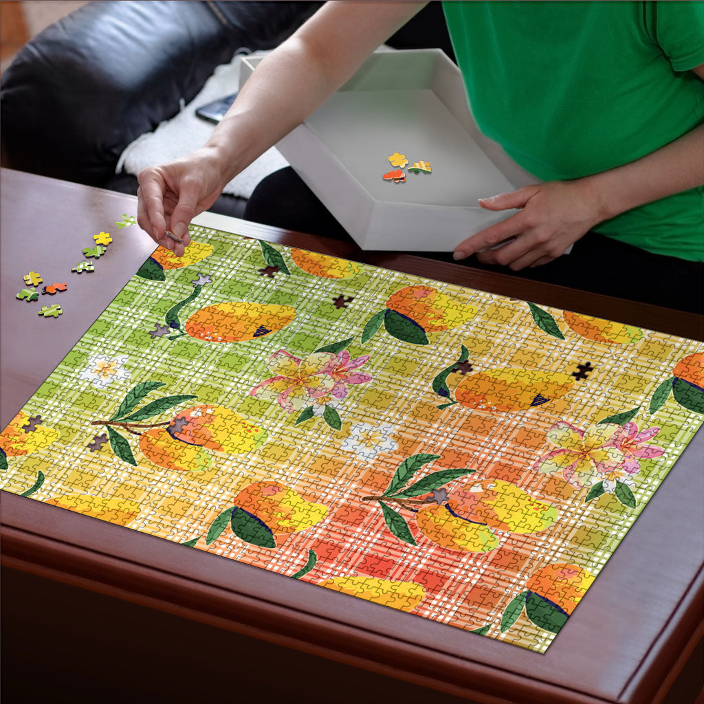 Aloha Hawaii Palaka Print Mango Plumeria Puzzle Tropical Vibes