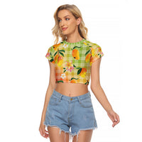 Aloha Hawaii Palaka Print Mango Plumeria Raglan Cropped T Shirt Tropical Vibes
