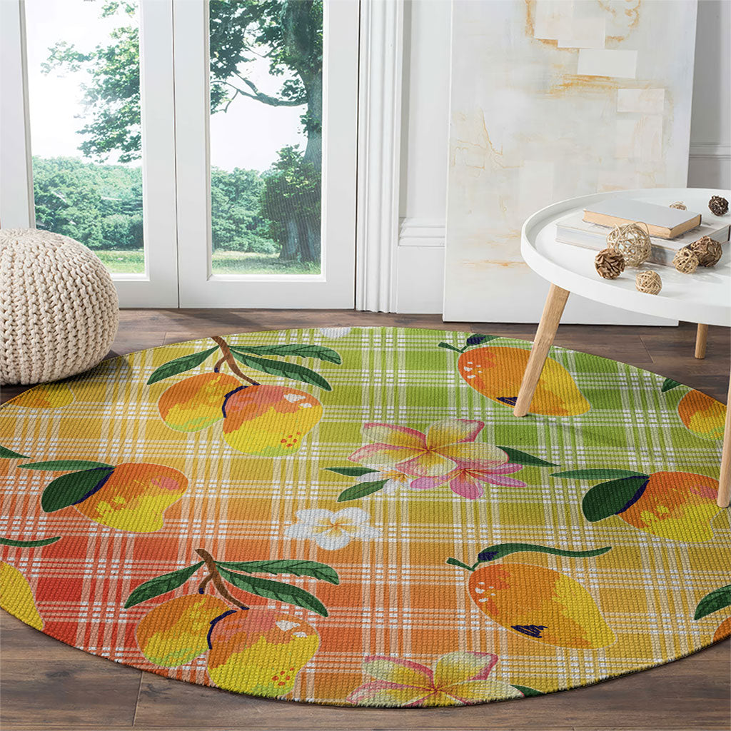Aloha Hawaii Palaka Print Mango Plumeria Round Carpet Tropical Vibes