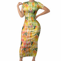 Aloha Hawaii Palaka Print Mango Plumeria Short Sleeve Bodycon Dress Tropical Vibes