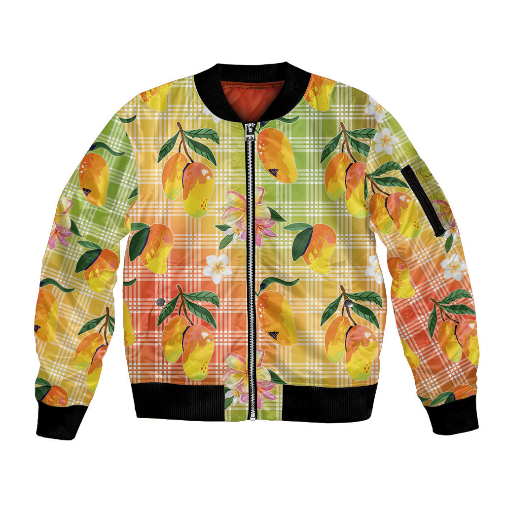 Aloha Hawaii Palaka Print Mango Plumeria Sleeve Zip Bomber Jacket Tropical Vibes