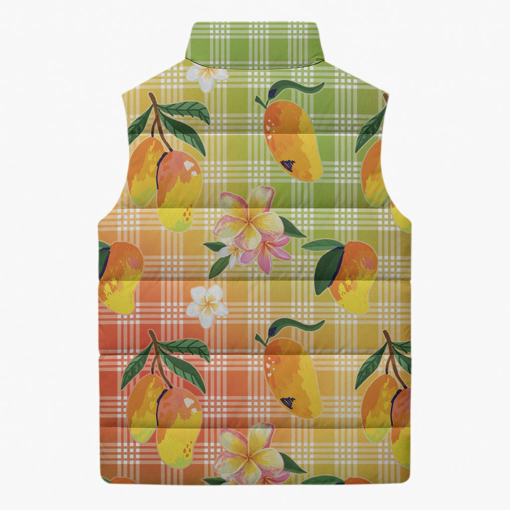 Aloha Hawaii Palaka Print Mango Plumeria Sleeveless Puffer Jacket Tropical Vibes