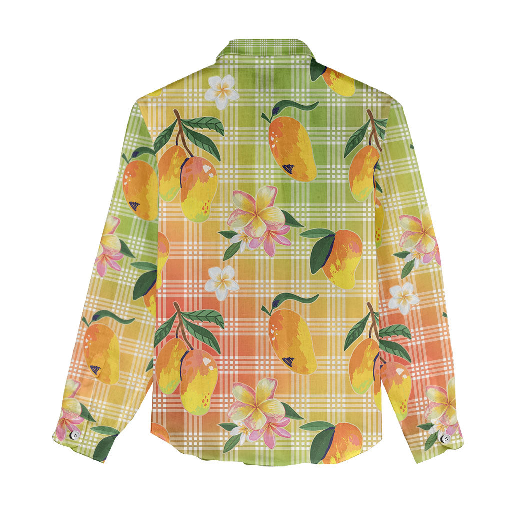 Aloha Hawaii Palaka Print Mango Plumeria Women Casual Shirt Tropical Vibes
