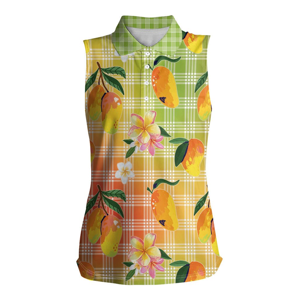 Aloha Hawaii Palaka Print Mango Plumeria Women Sleeveless Polo Shirt Tropical Vibes