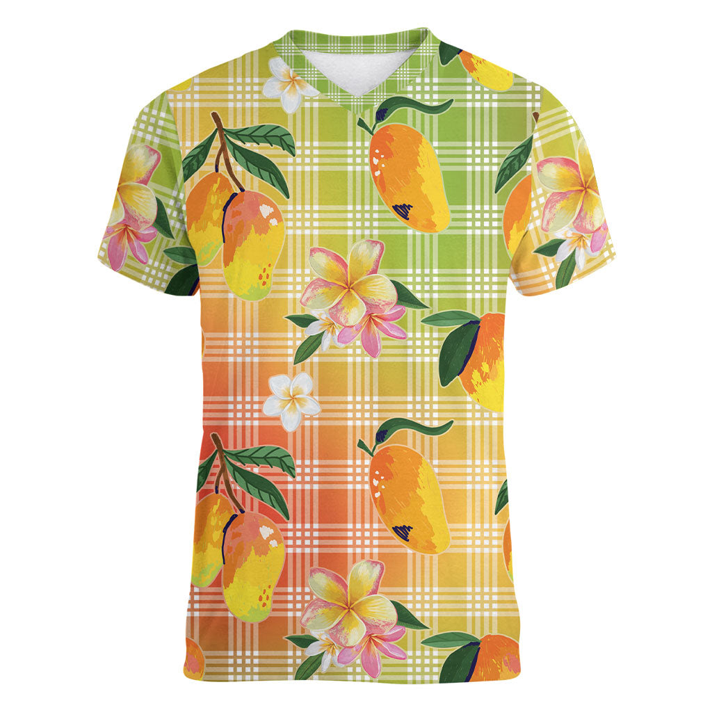 Aloha Hawaii Palaka Print Mango Plumeria Women V-Neck T-Shirt Tropical Vibes