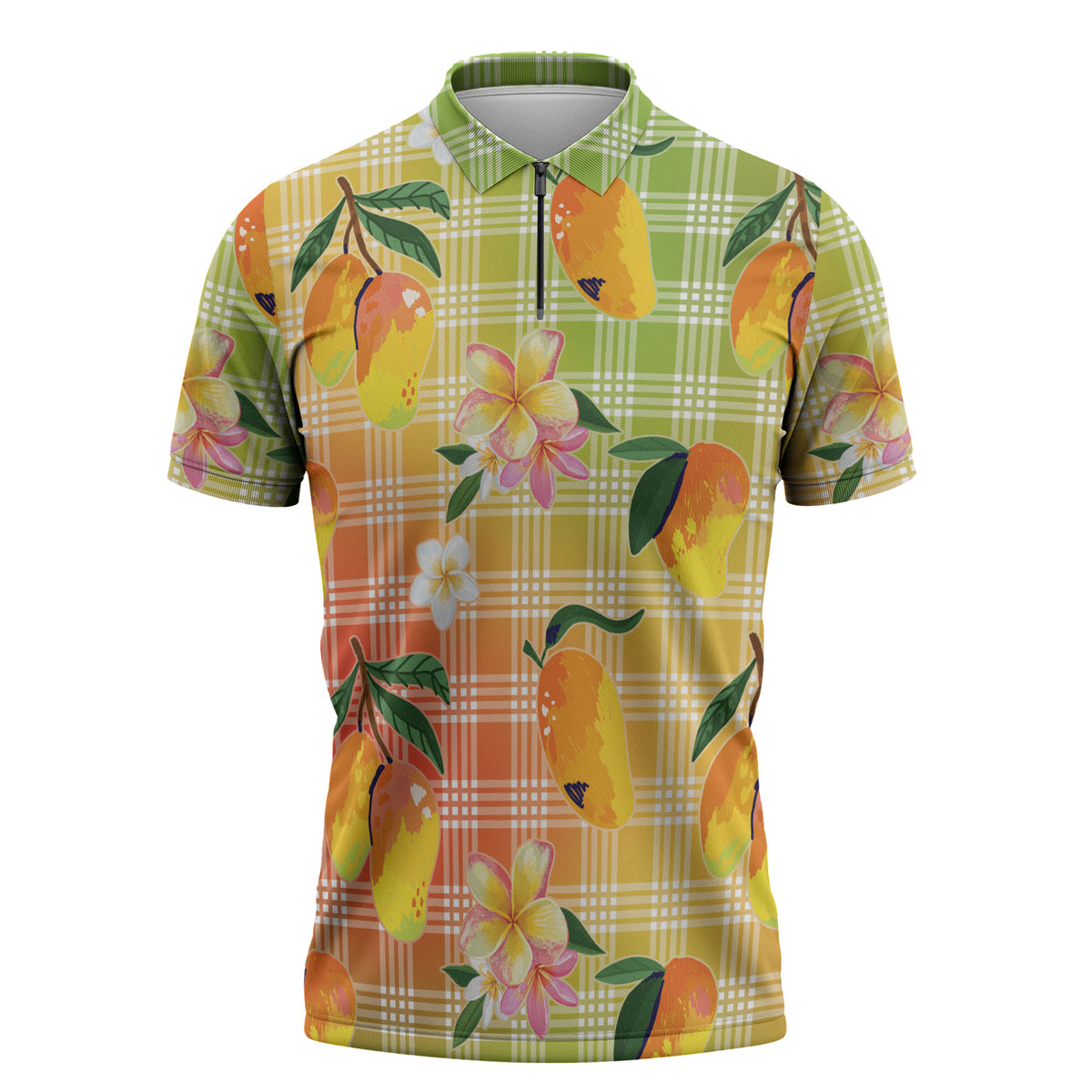 Aloha Hawaii Palaka Print Mango Plumeria Zipper Polo Shirt Tropical Vibes