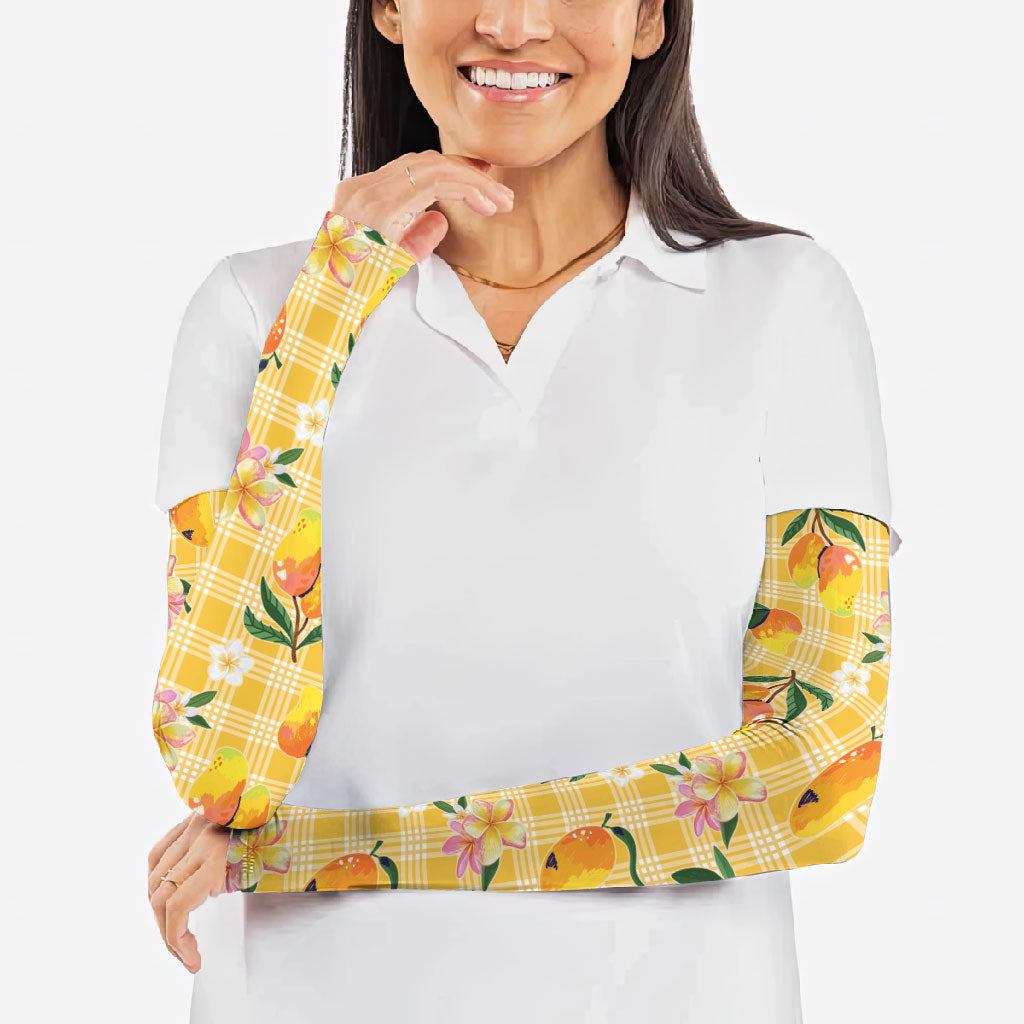 Aloha Hawaii Palaka Print Mango Plumeria Arm Sleeves Fresh Lemon