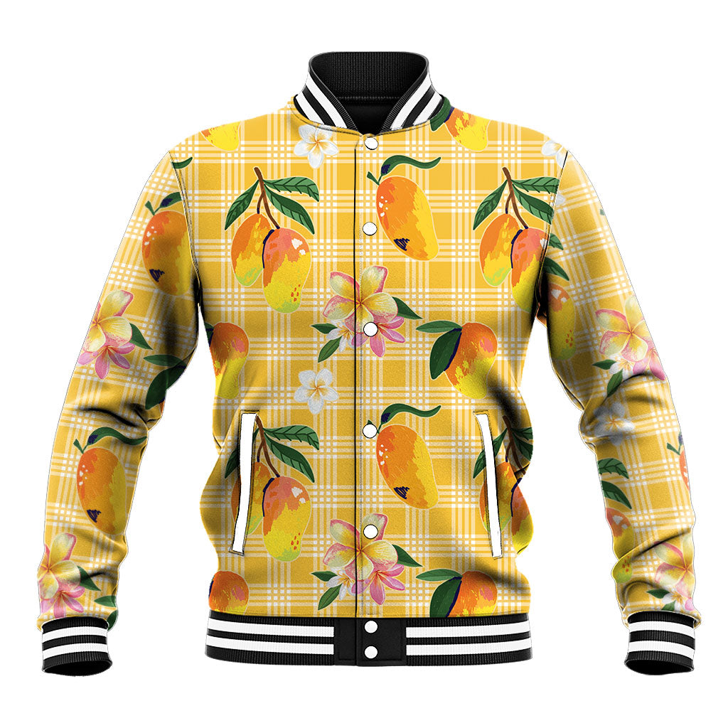 Aloha Hawaii Palaka Print Mango Plumeria Baseball Jacket Fresh Lemon