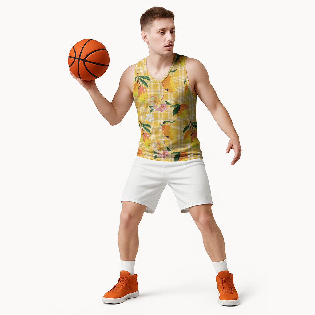 Aloha Hawaii Palaka Print Mango Plumeria Basketball Jersey Fresh Lemon