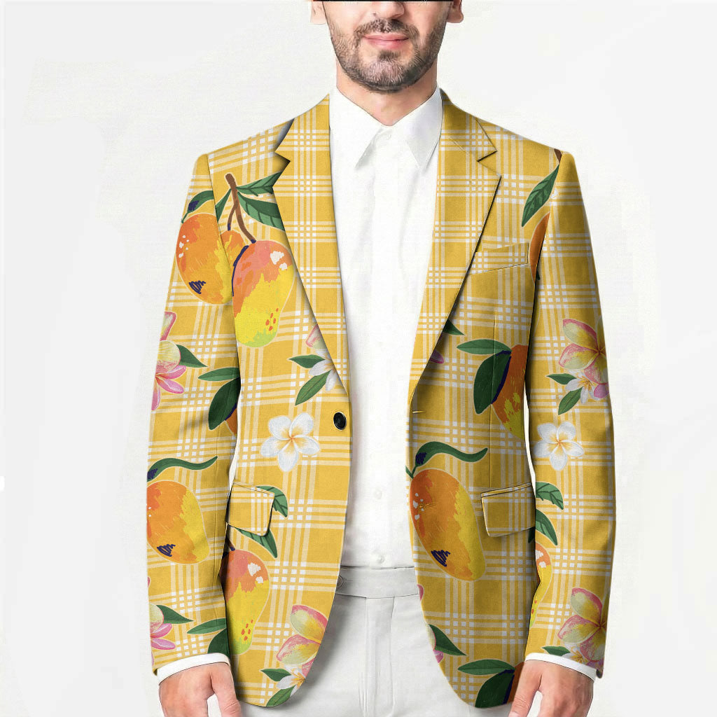 Aloha Hawaii Palaka Print Mango Plumeria Blazer Fresh Lemon