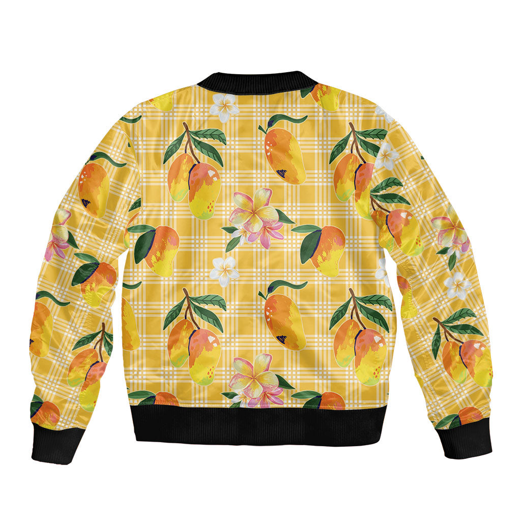 Aloha Hawaii Palaka Print Mango Plumeria Bomber Jacket Fresh Lemon