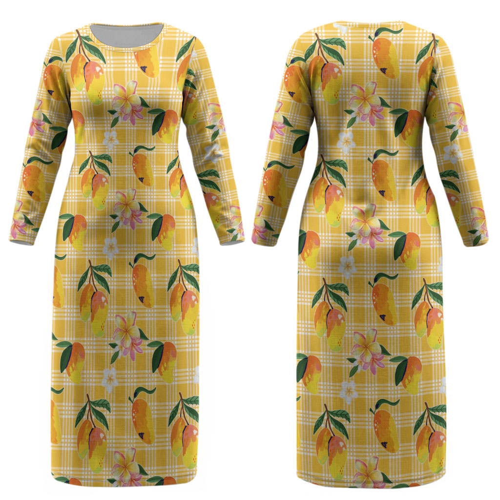 Aloha Hawaii Palaka Print Mango Plumeria Couples Matching Long Sleeve Bodycon Dress and Hawaiian Shirt Fresh Lemon