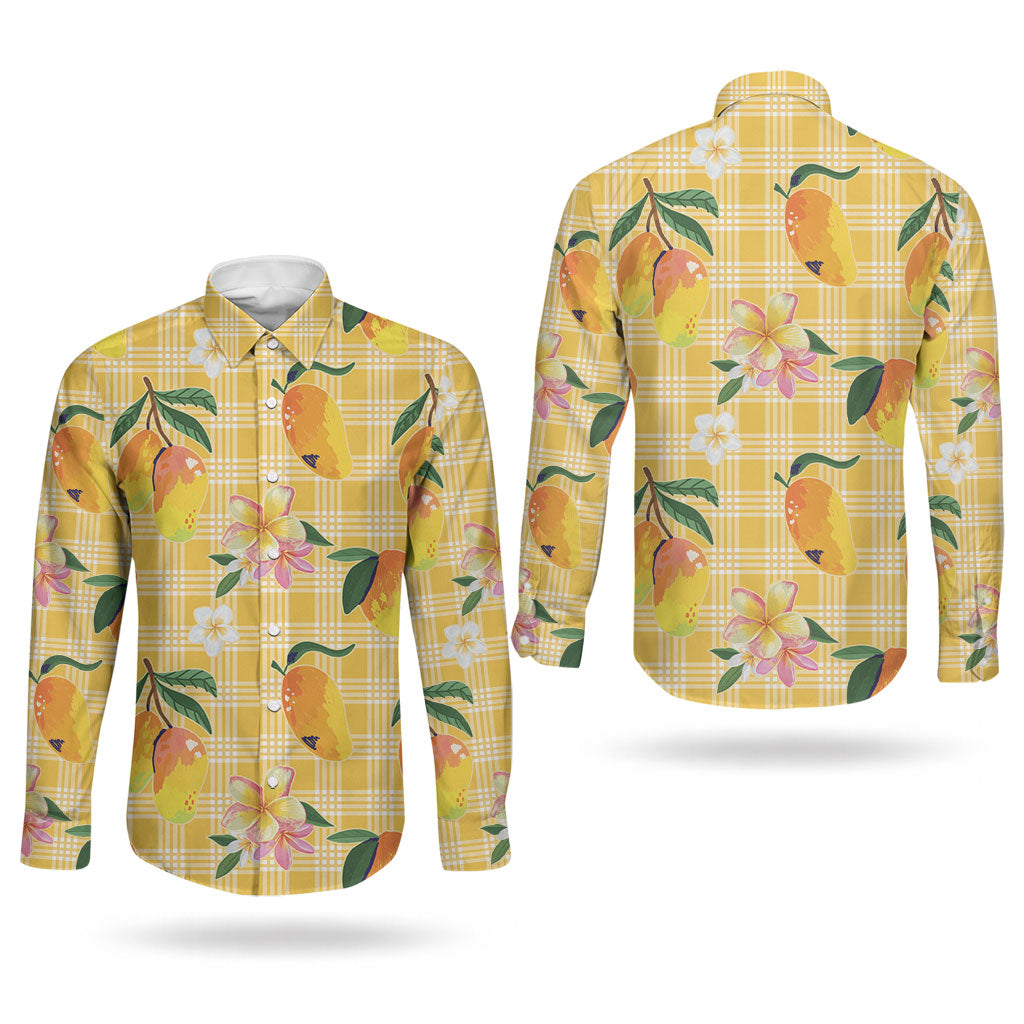 Aloha Hawaii Palaka Print Mango Plumeria Couples Matching Long Sleeve Bodycon Dress and Long Sleeve Button Shirt Fresh Lemon