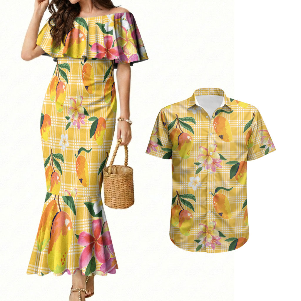Aloha Hawaii Palaka Print Mango Plumeria Couples Matching Mermaid Dress and Hawaiian Shirt Fresh Lemon