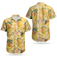 Aloha Hawaii Palaka Print Mango Plumeria Couples Matching Mermaid Dress and Hawaiian Shirt Fresh Lemon