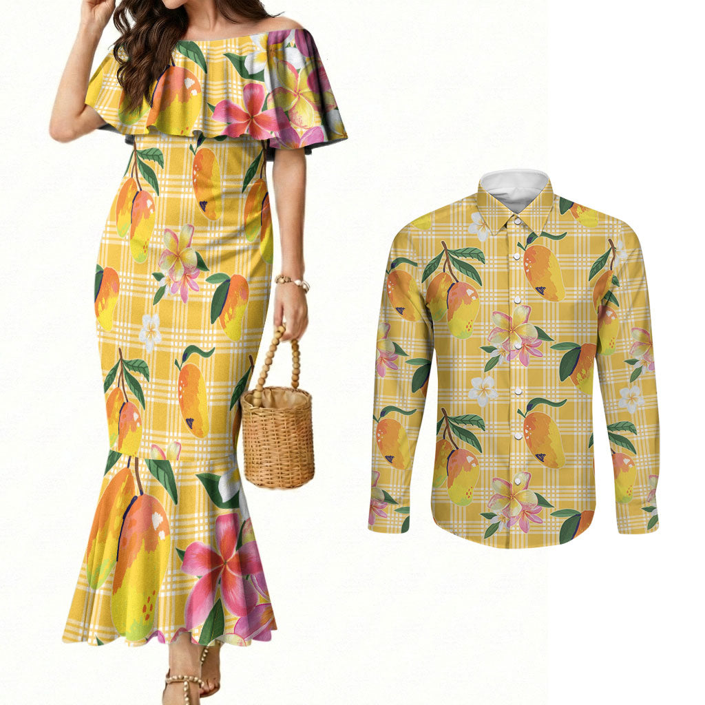 Aloha Hawaii Palaka Print Mango Plumeria Couples Matching Mermaid Dress and Long Sleeve Button Shirt Fresh Lemon