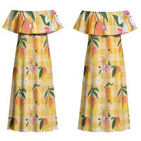 Aloha Hawaii Palaka Print Mango Plumeria Couples Matching Off Shoulder Maxi Dress and Long Sleeve Button Shirt Fresh Lemon
