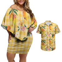 Aloha Hawaii Palaka Print Mango Plumeria Couples Matching Off Shoulder Short Dress and Hawaiian Shirt Fresh Lemon