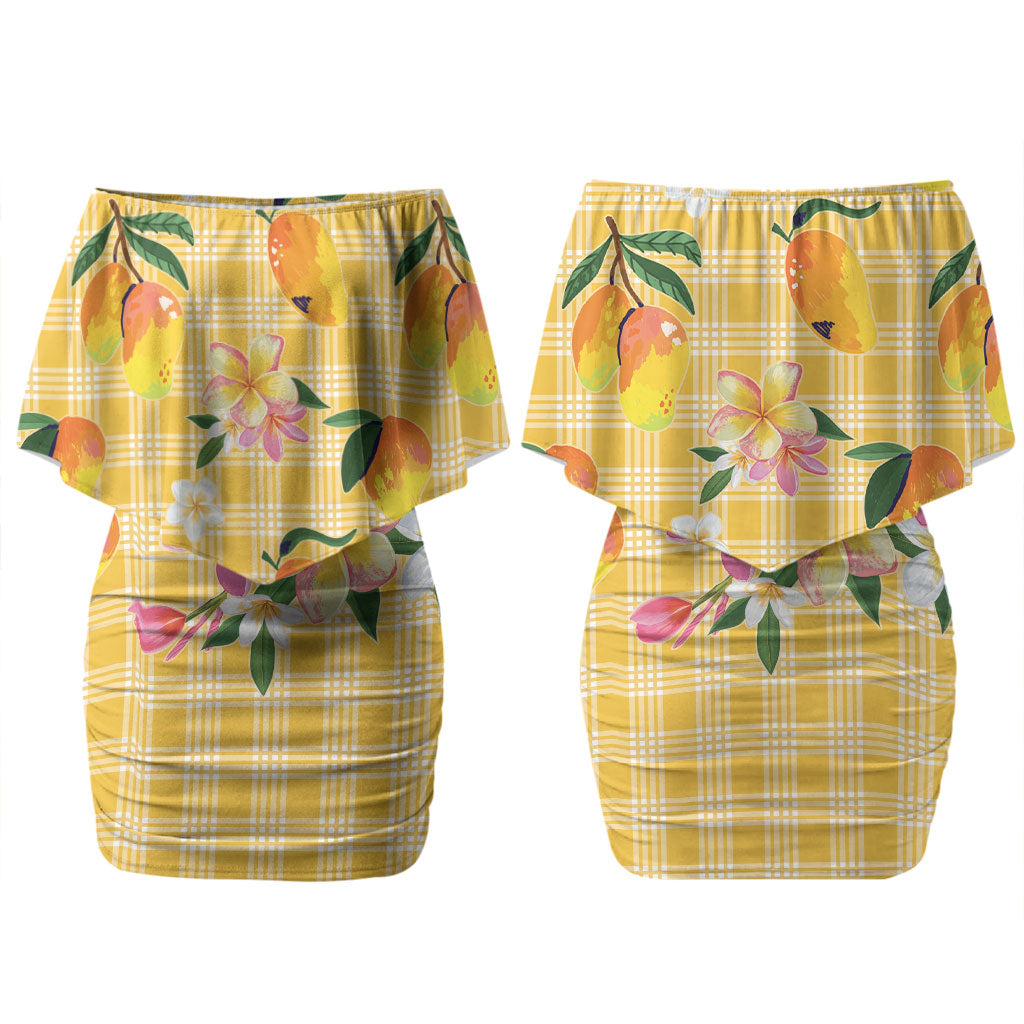 Aloha Hawaii Palaka Print Mango Plumeria Couples Matching Off Shoulder Short Dress and Hawaiian Shirt Fresh Lemon